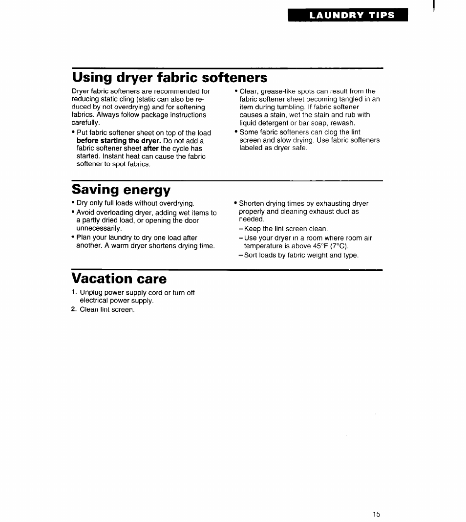 Using dryer fabric softeners, Saving energy, Vacation care | Whirlpool 3401011 User Manual | Page 15 / 20