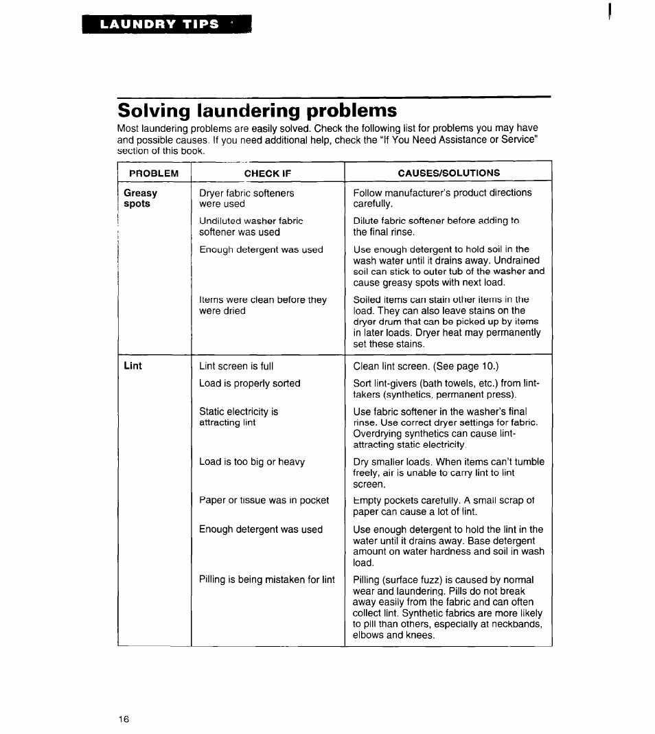Solving laundering problems | Whirlpool 3401011 User Manual | Page 16 / 20