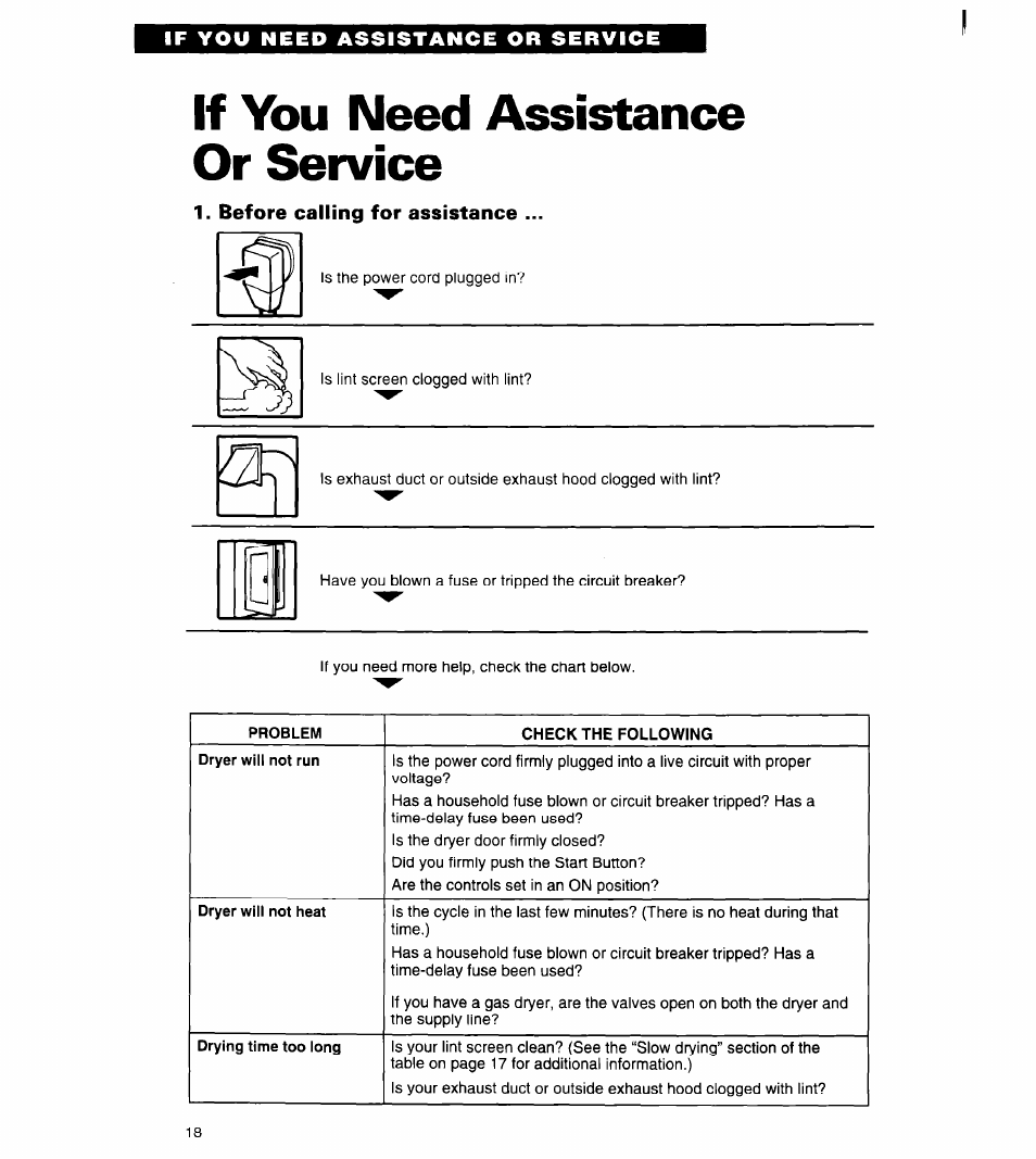 If you need assistance or service, Before calling for assistance, F] [u | Whirlpool 3401011 User Manual | Page 18 / 20