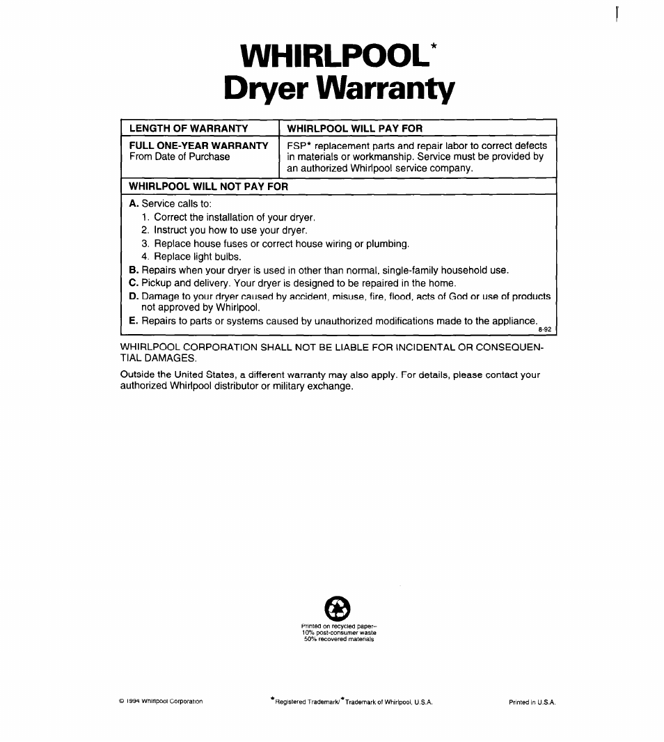 Whirlpool dryer warranty | Whirlpool 3401011 User Manual | Page 20 / 20