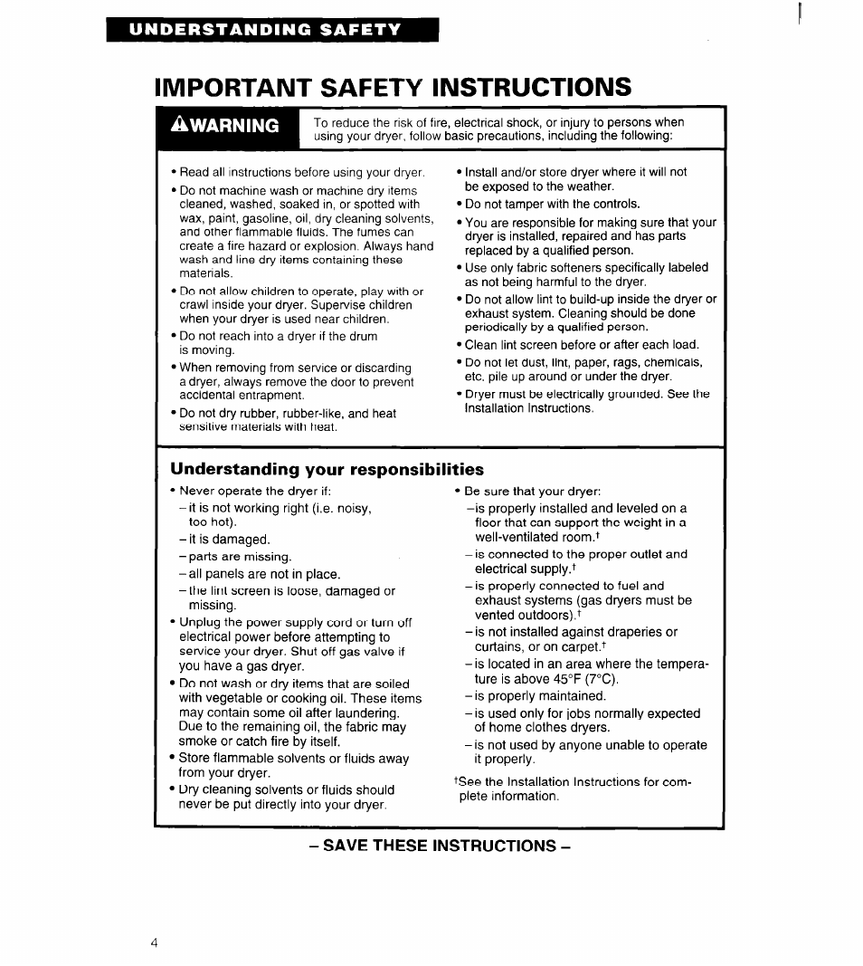 Understanding your responsibilities, Important safety instructions, Warning | Whirlpool 3401011 User Manual | Page 4 / 20