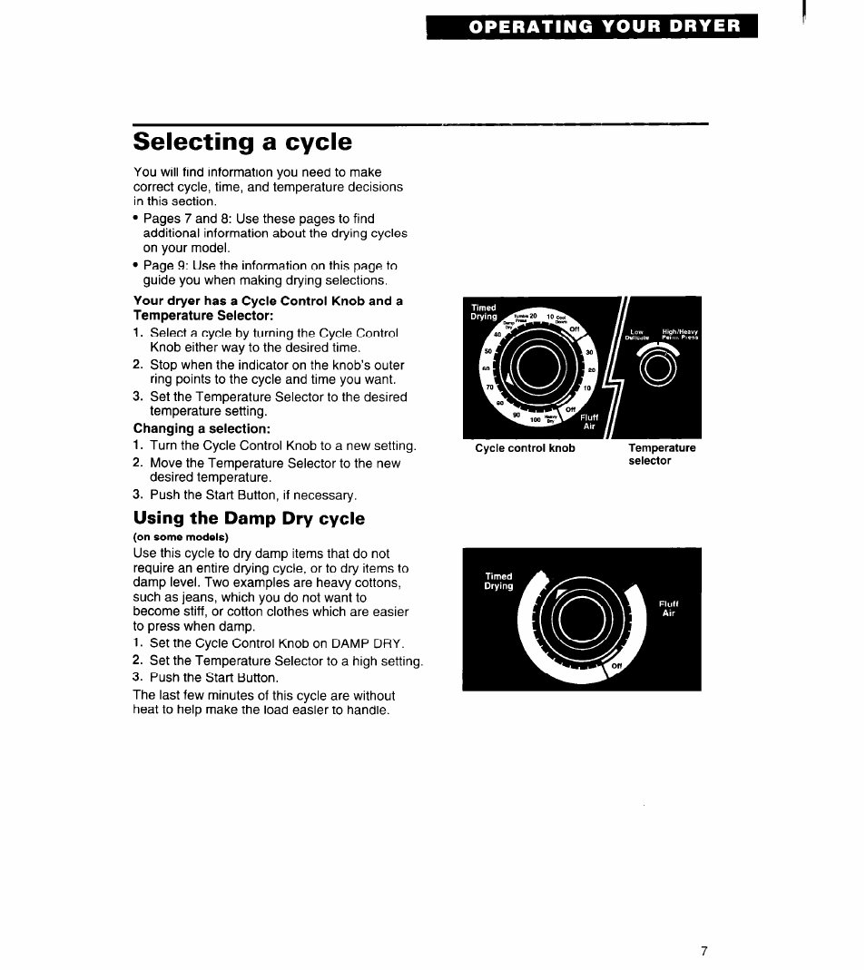 Selecting a cycle, Using the damp dry cycle | Whirlpool 3401011 User Manual | Page 7 / 20