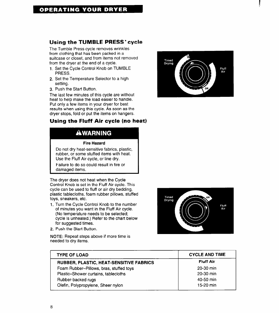Using the tumble press* cycle, Using the fluff air cycle (no heat), Warning | Whirlpool 3401011 User Manual | Page 8 / 20