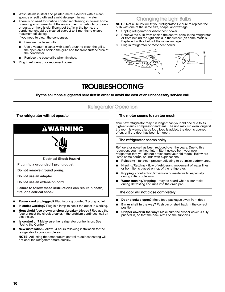 Troubleshooting, Warning, Changing the light bulbs | Refrigerator operation | Whirlpool Chillerator GARAGE REFRIGERATOR User Manual | Page 10 / 36