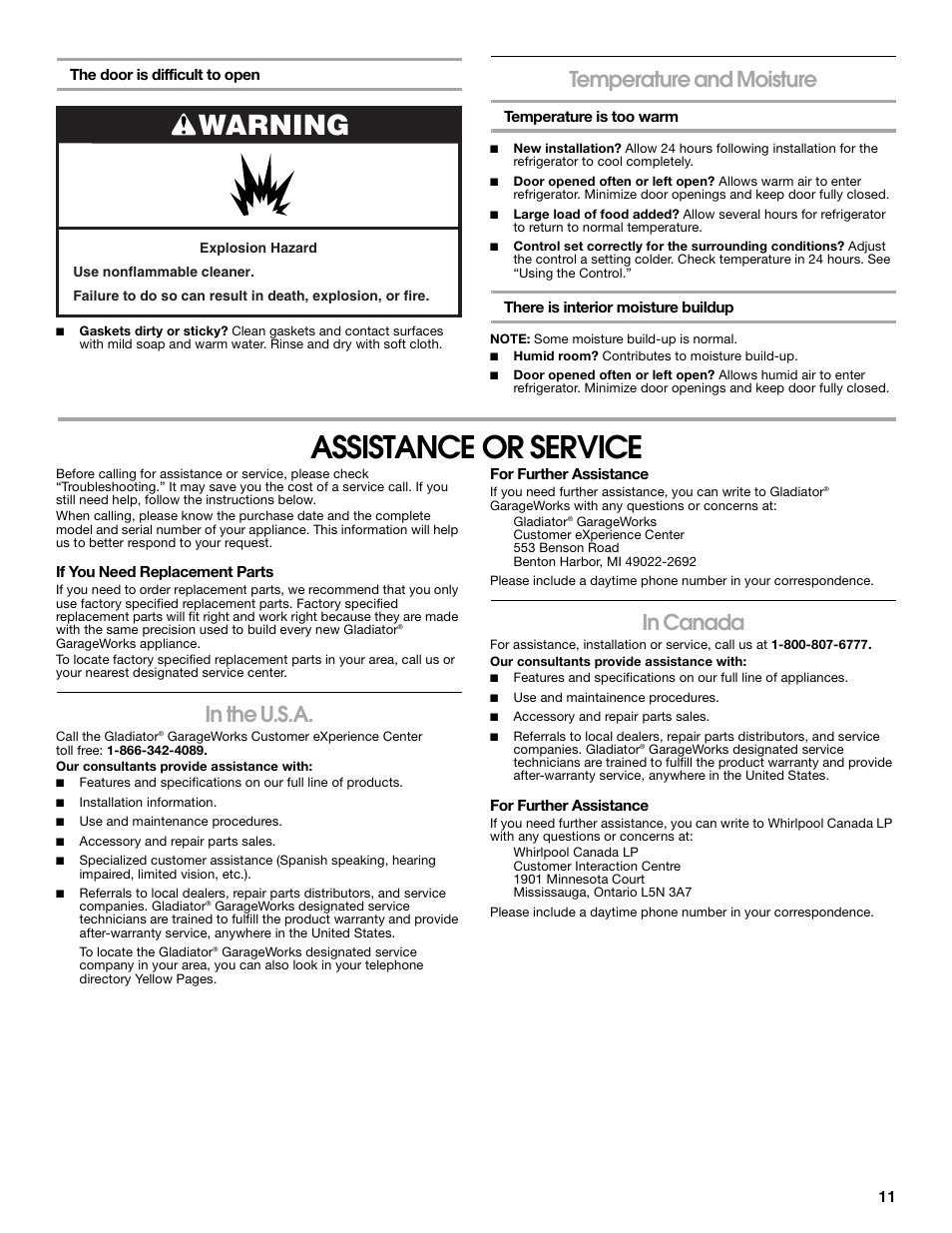 Assistance or service, Warning, Temperature and moisture | Whirlpool Chillerator GARAGE REFRIGERATOR User Manual | Page 11 / 36