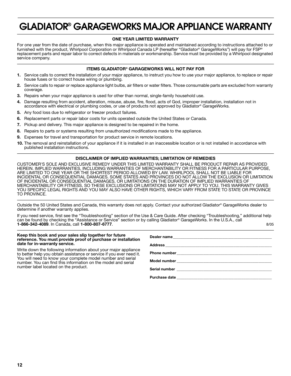 Gladiator, Garageworks major appliance warranty | Whirlpool Chillerator GARAGE REFRIGERATOR User Manual | Page 12 / 36