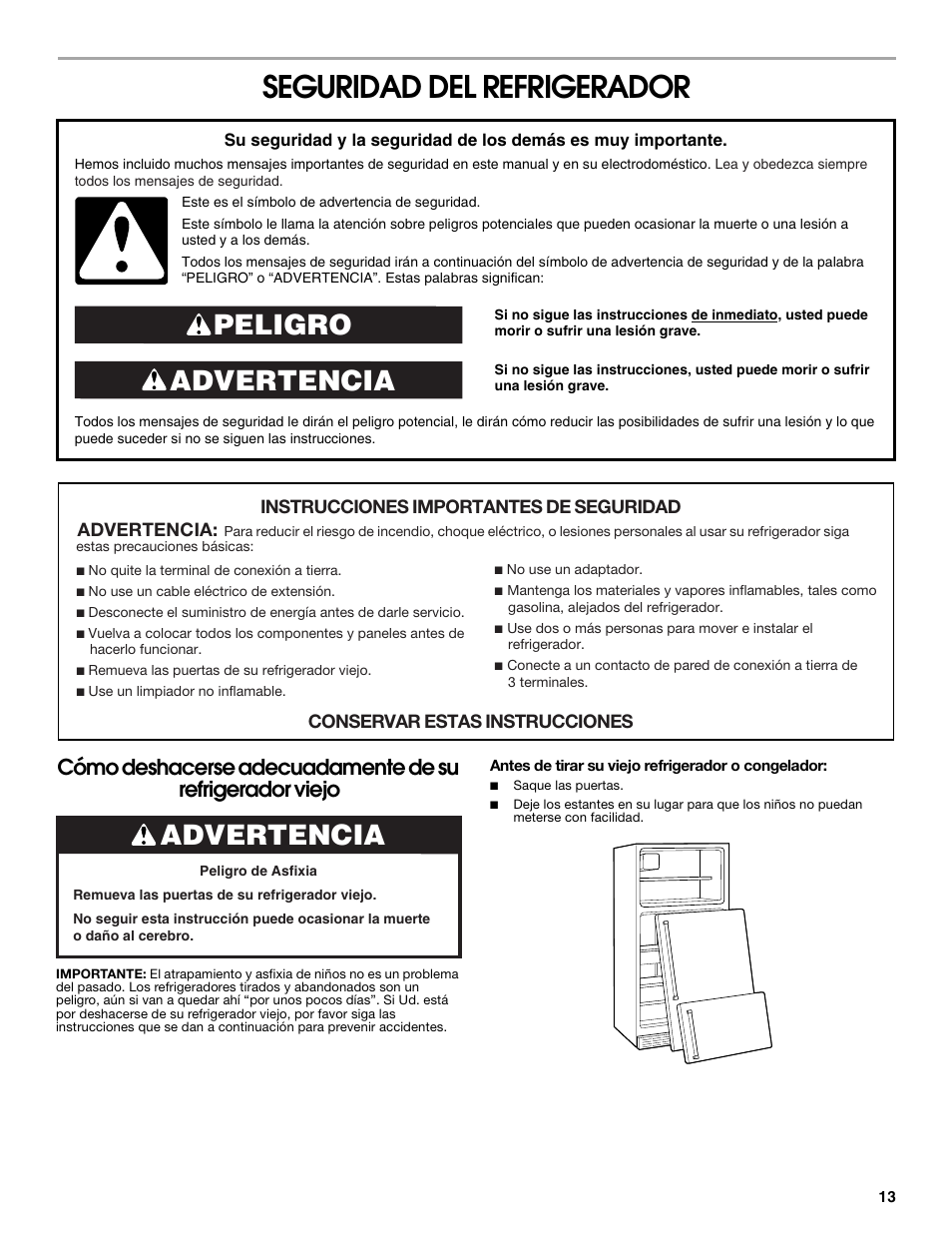 Seguridad del refrigerador, Advertencia peligro, Advertencia | Whirlpool Chillerator GARAGE REFRIGERATOR User Manual | Page 13 / 36