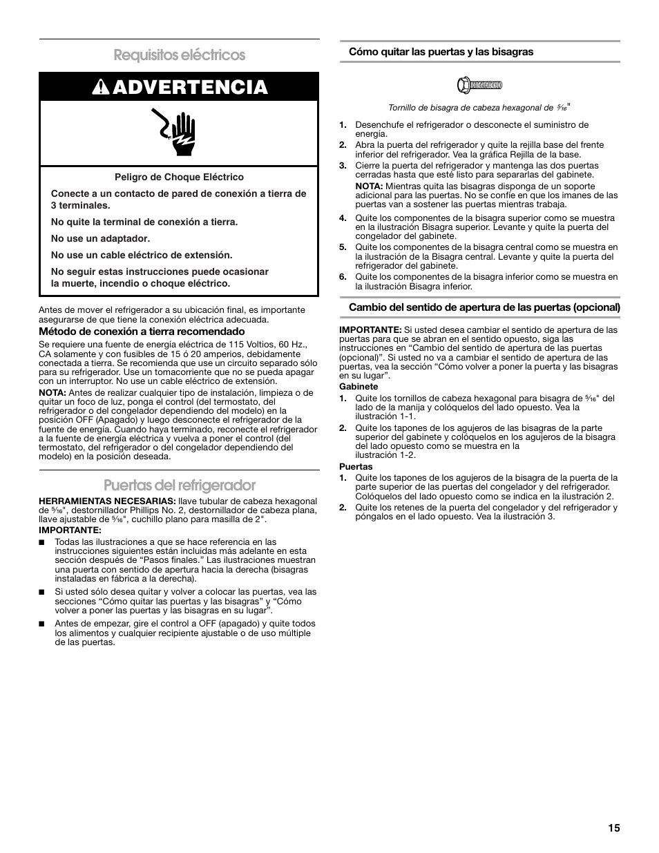 Advertencia, Requisitos eléctricos, Puertas del refrigerador | Whirlpool Chillerator GARAGE REFRIGERATOR User Manual | Page 15 / 36