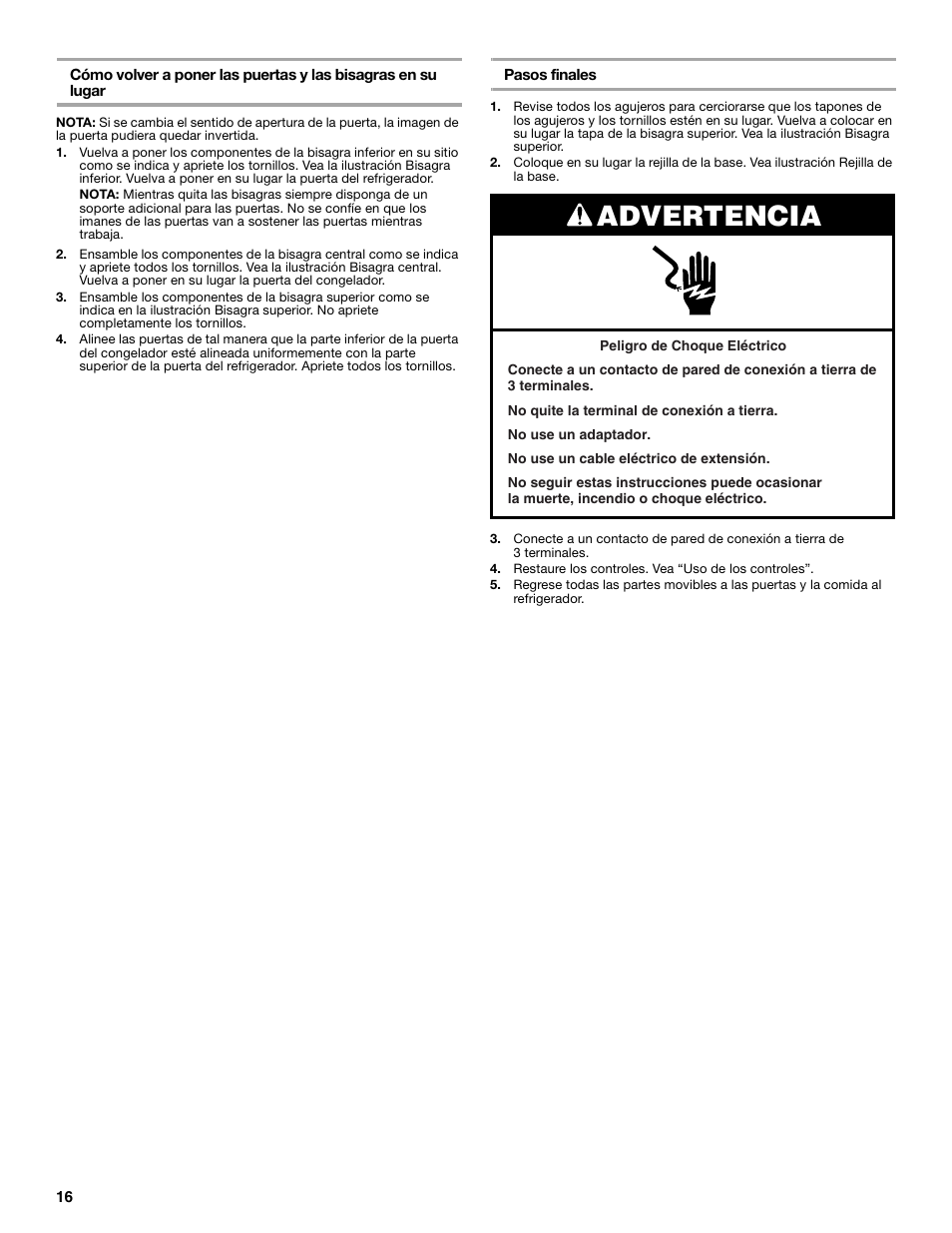 Advertencia | Whirlpool Chillerator GARAGE REFRIGERATOR User Manual | Page 16 / 36