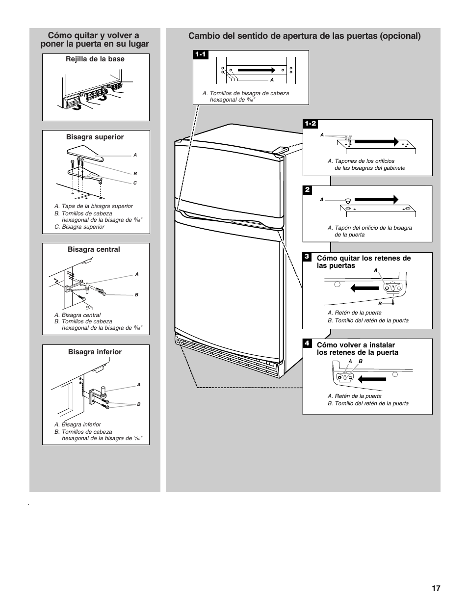 Cómo quitar y volver a poner la puerta en su lugar | Whirlpool Chillerator GARAGE REFRIGERATOR User Manual | Page 17 / 36