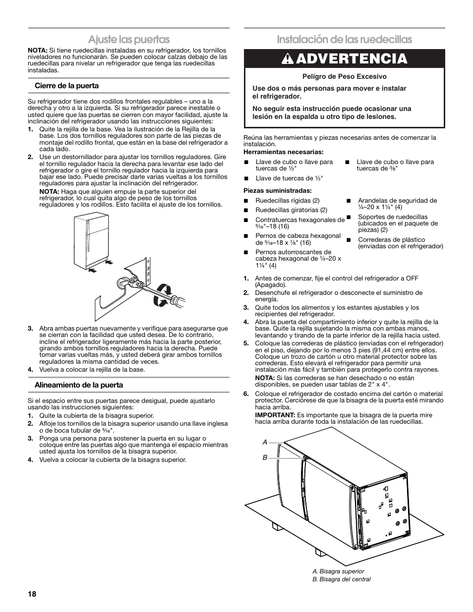 Advertencia, Ajuste las puertas, Instalación de las ruedecillas | Whirlpool Chillerator GARAGE REFRIGERATOR User Manual | Page 18 / 36