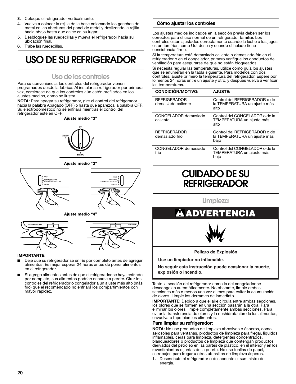 Uso de su refrigerador, Cuidado de su refrigerador, Advertencia | Uso de los controles, Limpieza | Whirlpool Chillerator GARAGE REFRIGERATOR User Manual | Page 20 / 36