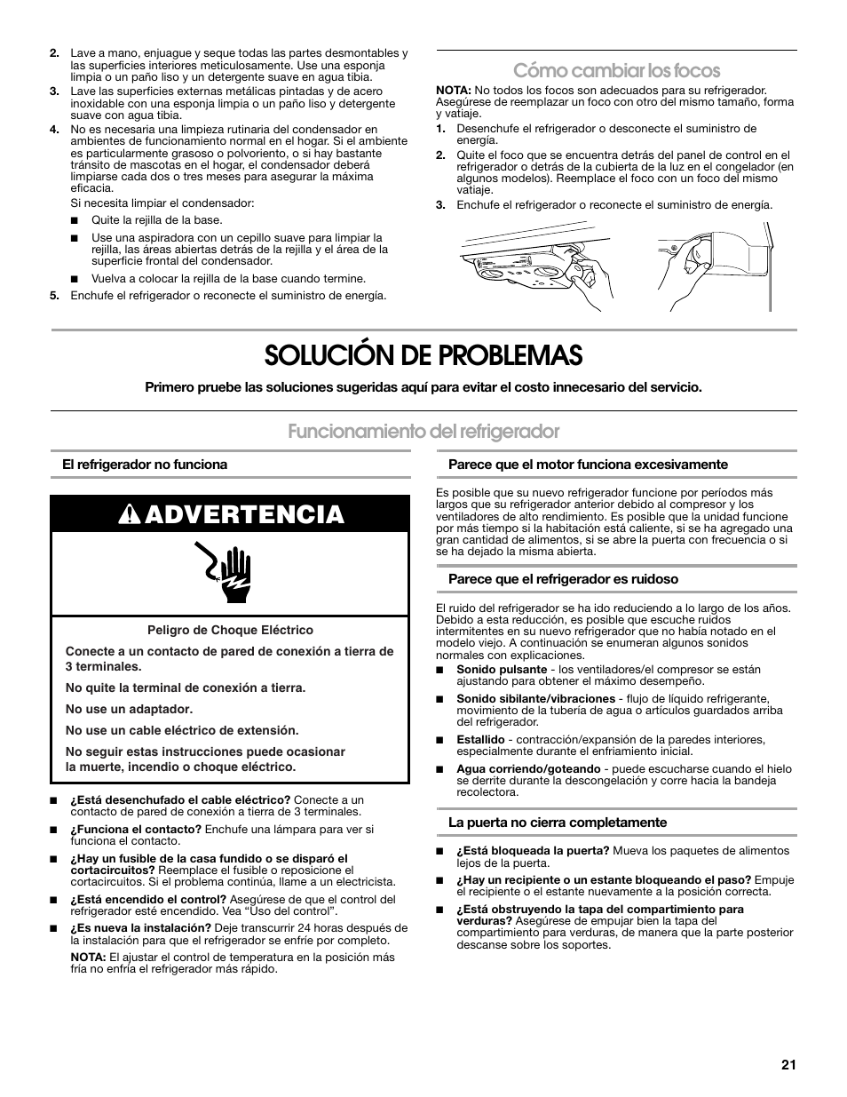 Solución de problemas, Advertencia, Cómo cambiar los focos | Funcionamiento del refrigerador | Whirlpool Chillerator GARAGE REFRIGERATOR User Manual | Page 21 / 36