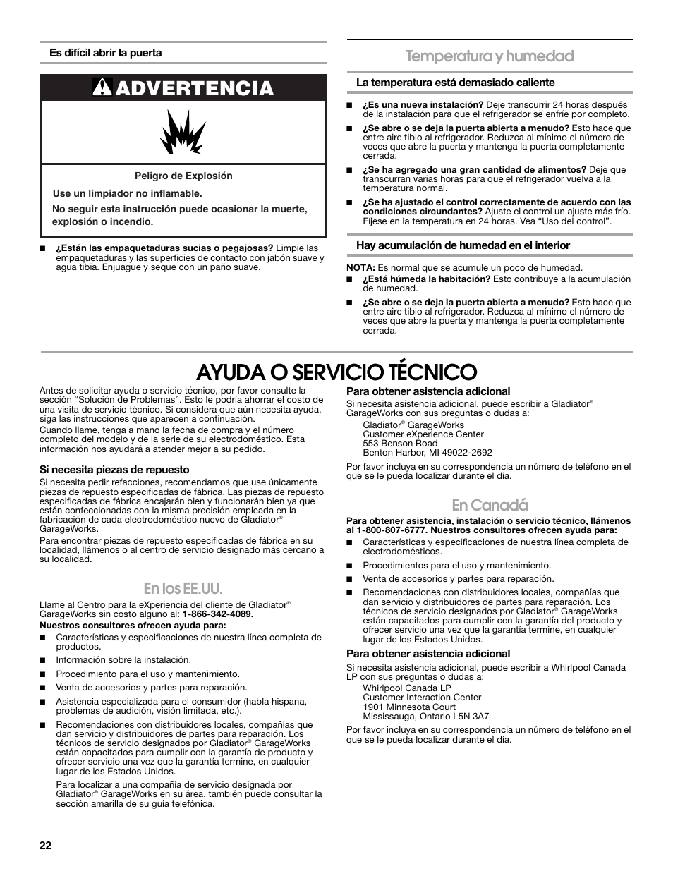 Ayuda o servicio técnico, Advertencia, Temperatura y humedad | En los ee.uu, En canadá | Whirlpool Chillerator GARAGE REFRIGERATOR User Manual | Page 22 / 36