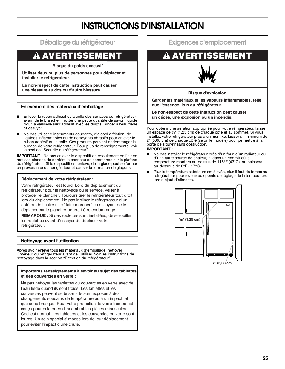 Instructions d'installation, Avertissement, Déballage du réfrigérateur | Exigences d'emplacement | Whirlpool Chillerator GARAGE REFRIGERATOR User Manual | Page 25 / 36