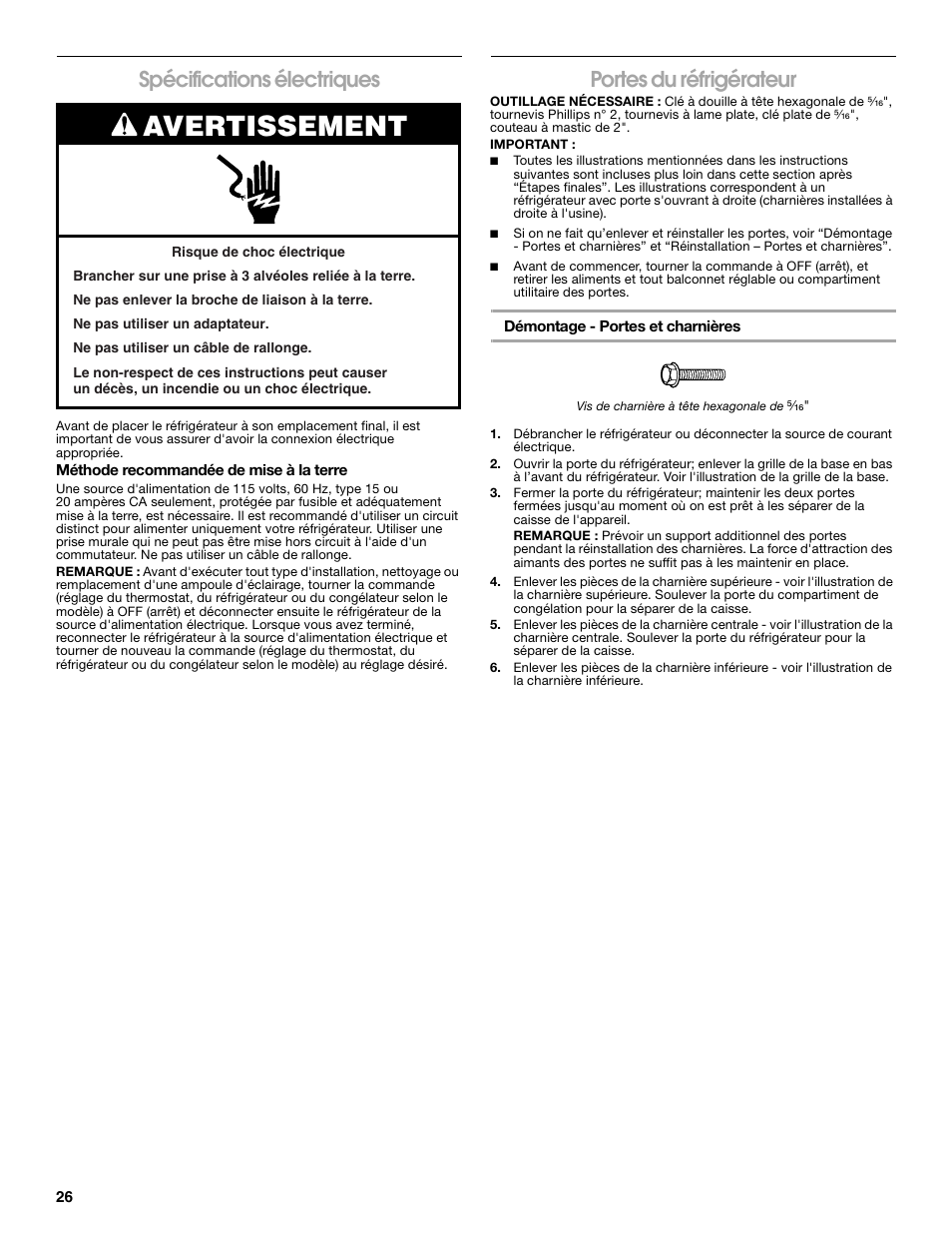 Avertissement, Spécifications électriques, Portes du réfrigérateur | Whirlpool Chillerator GARAGE REFRIGERATOR User Manual | Page 26 / 36