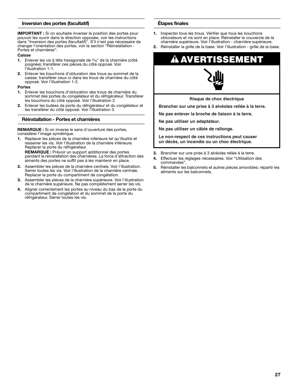 Avertissement | Whirlpool Chillerator GARAGE REFRIGERATOR User Manual | Page 27 / 36