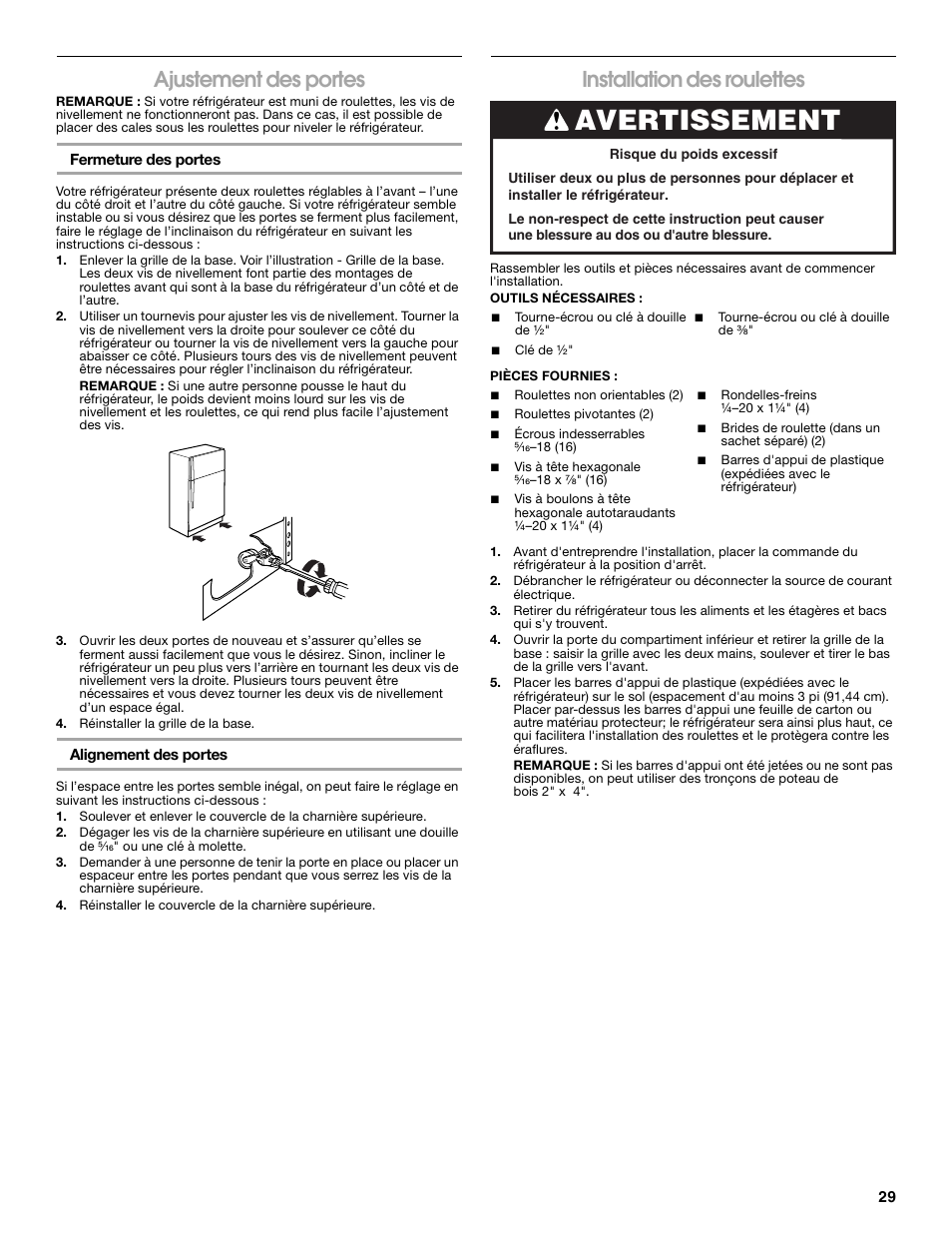 Avertissement, Ajustement des portes, Installation des roulettes | Whirlpool Chillerator GARAGE REFRIGERATOR User Manual | Page 29 / 36