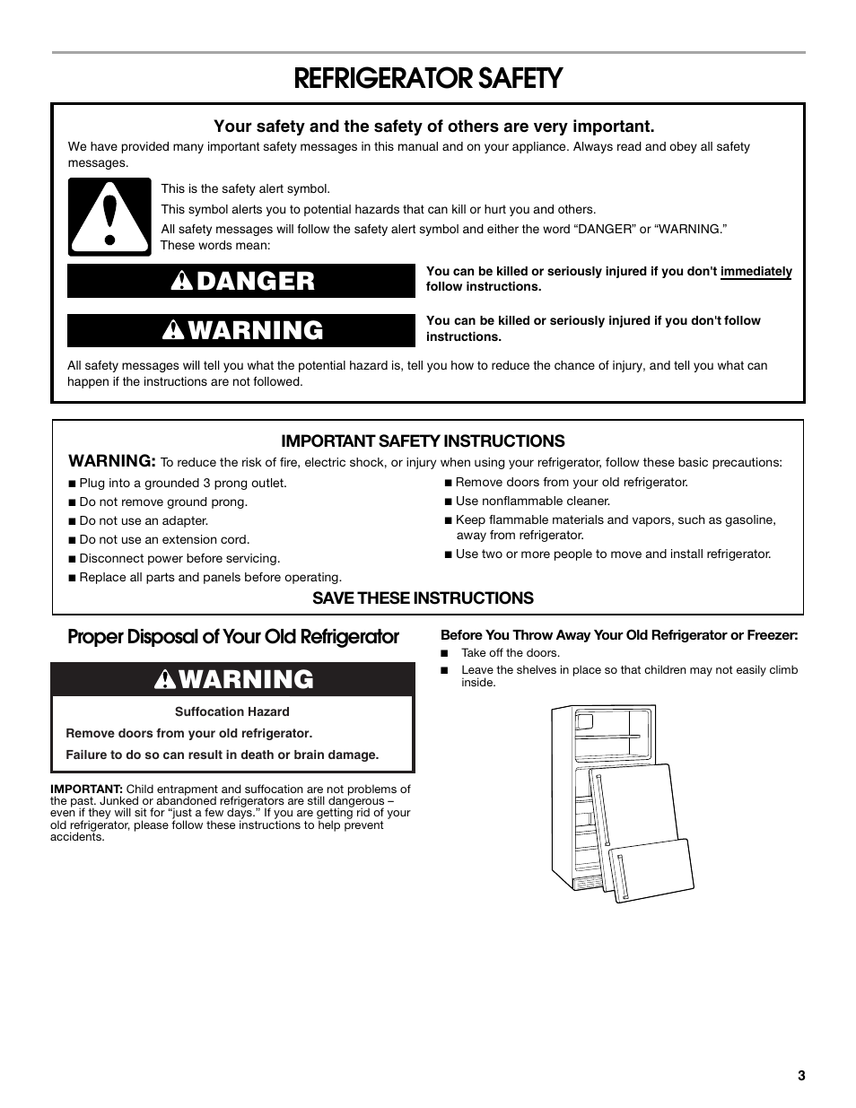 Refrigerator safety, Danger warning, Warning | Proper disposal of your old refrigerator | Whirlpool Chillerator GARAGE REFRIGERATOR User Manual | Page 3 / 36