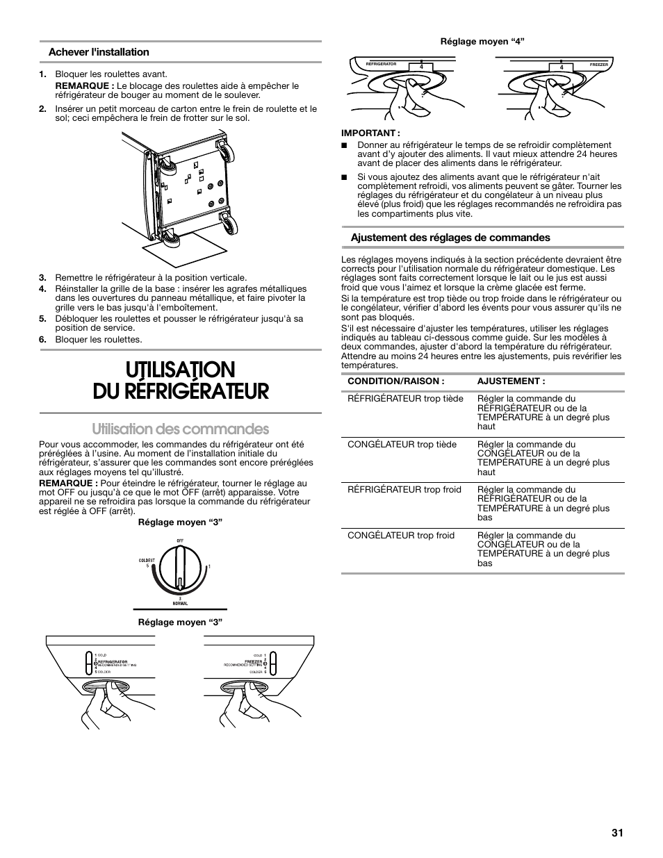 Utilisation du réfrigérateur, Utilisation des commandes | Whirlpool Chillerator GARAGE REFRIGERATOR User Manual | Page 31 / 36