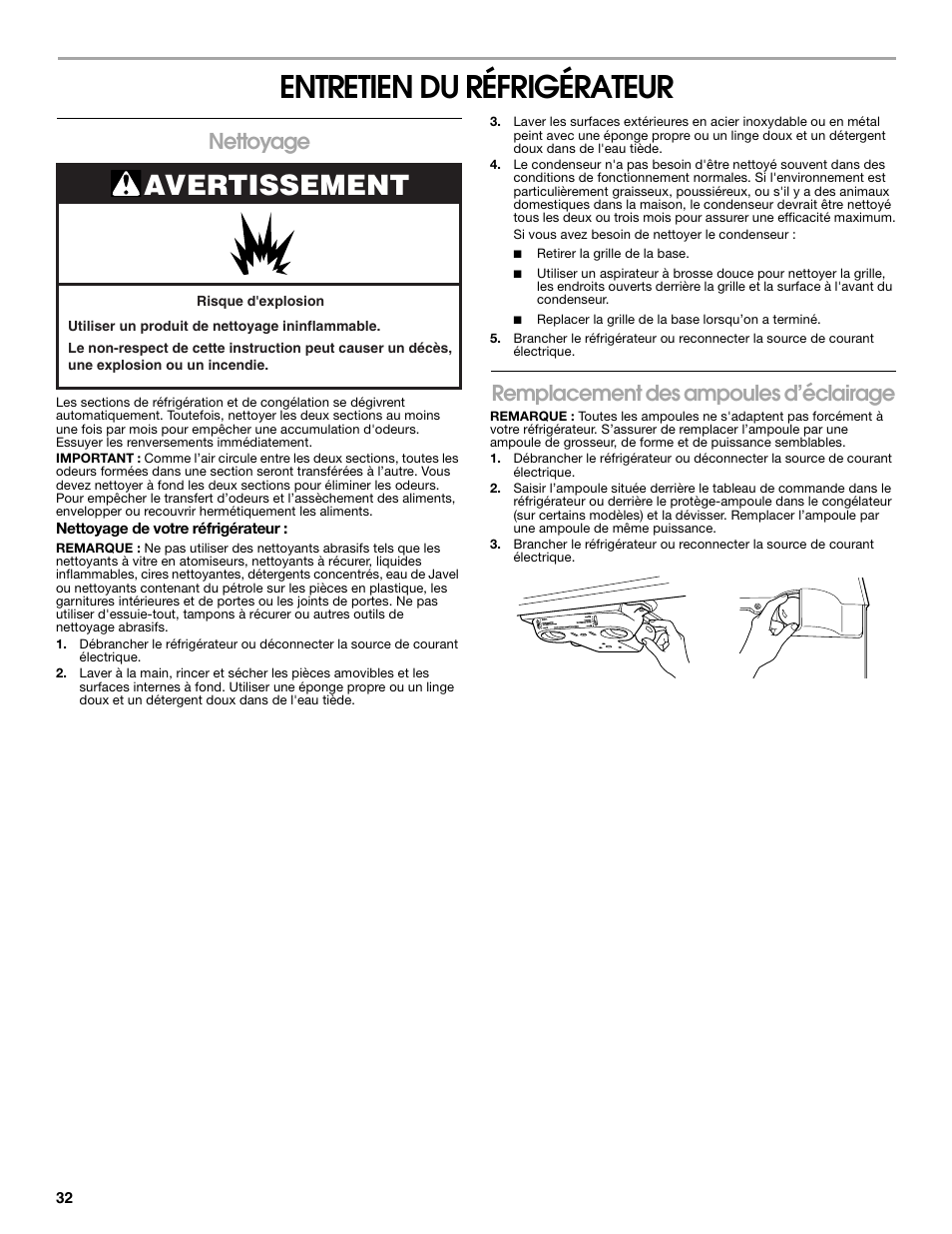 Entretien du réfrigérateur, Avertissement, Nettoyage | Remplacement des ampoules d’éclairage | Whirlpool Chillerator GARAGE REFRIGERATOR User Manual | Page 32 / 36