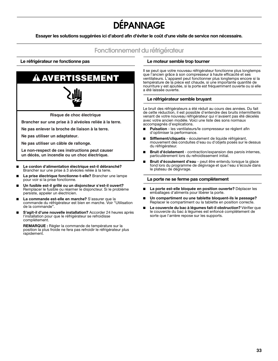Dépannage, Avertissement, Fonctionnement du réfrigérateur | Whirlpool Chillerator GARAGE REFRIGERATOR User Manual | Page 33 / 36