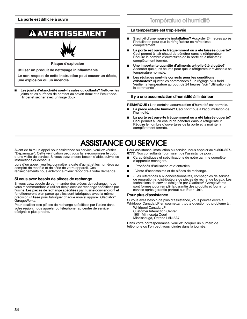 Assistance ou service, Avertissement, Température et humidité | Whirlpool Chillerator GARAGE REFRIGERATOR User Manual | Page 34 / 36