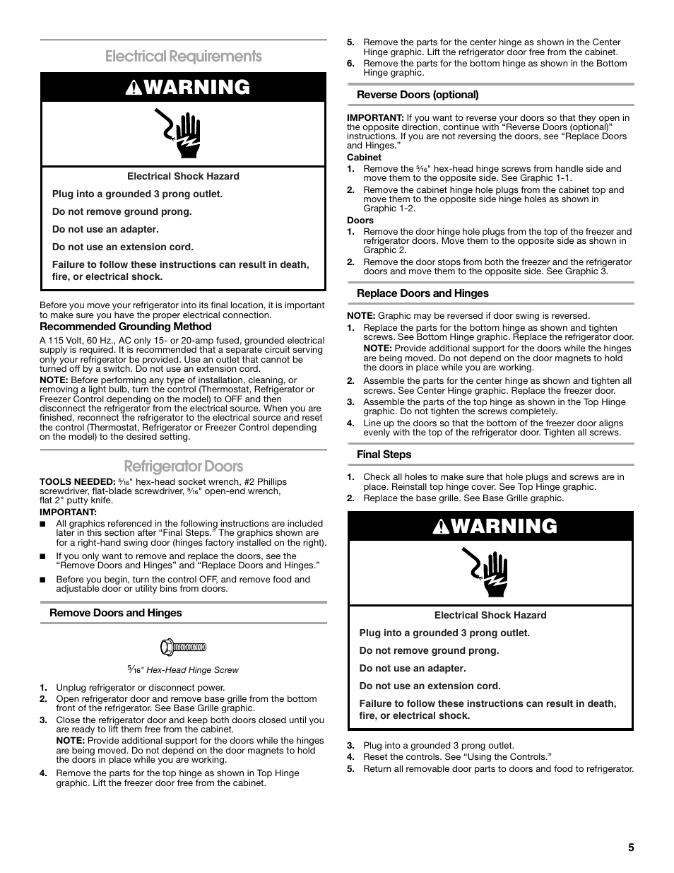 Warning, Electrical requirements, Refrigerator doors | Whirlpool Chillerator GARAGE REFRIGERATOR User Manual | Page 5 / 36