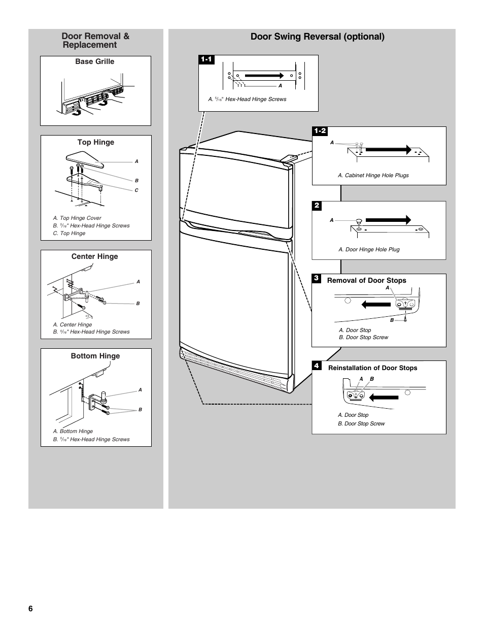 Door swing reversal (optional), Door removal & replacement | Whirlpool Chillerator GARAGE REFRIGERATOR User Manual | Page 6 / 36