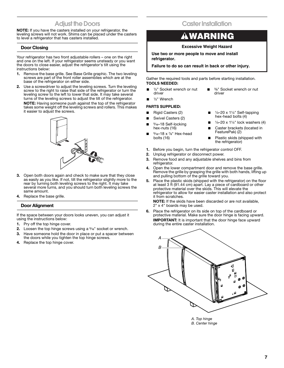 Warning, Adjust the doors, Caster installation | Whirlpool Chillerator GARAGE REFRIGERATOR User Manual | Page 7 / 36