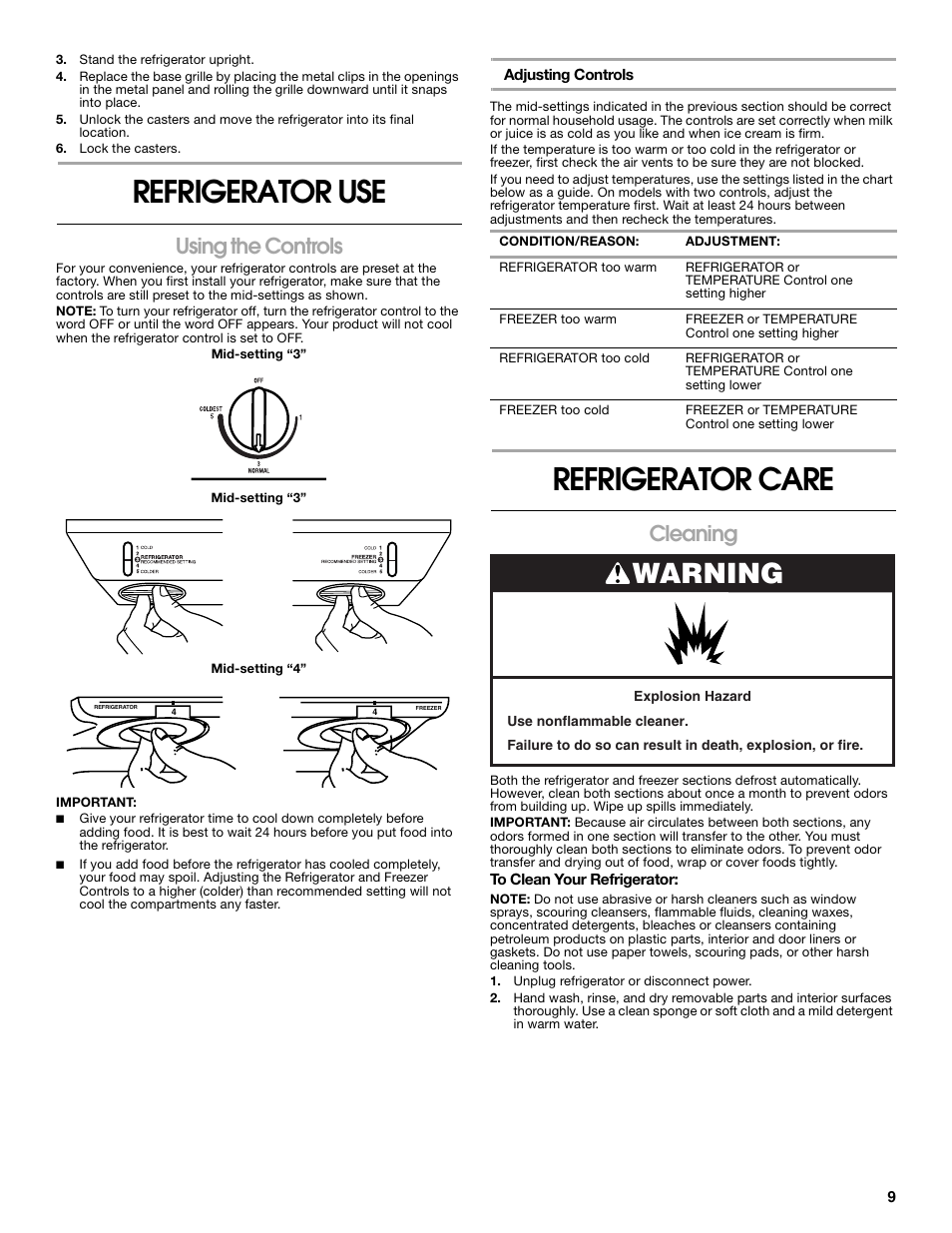Refrigerator use, Refrigerator care, Warning | Using the controls, Cleaning | Whirlpool Chillerator GARAGE REFRIGERATOR User Manual | Page 9 / 36