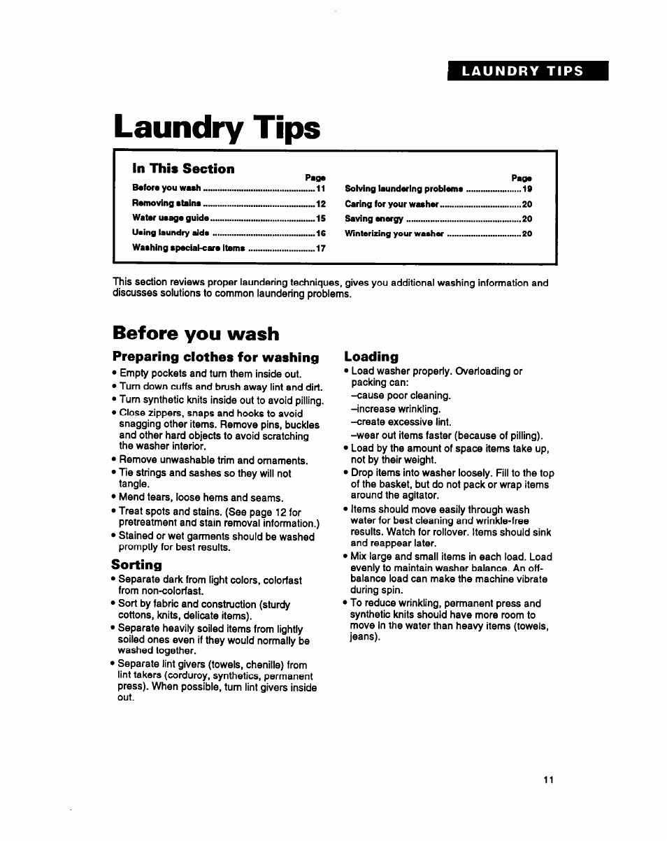 Laundry tips, Before you wash, Preparing clothes for washing | Sorting, Loading, Laundrytips | Whirlpool LMR4232A User Manual | Page 11 / 24