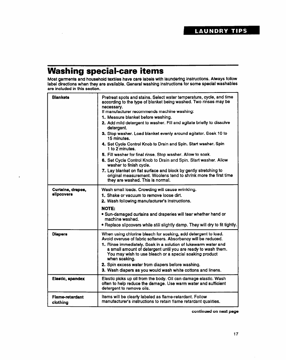 Washing special-care items | Whirlpool LMR4232A User Manual | Page 17 / 24