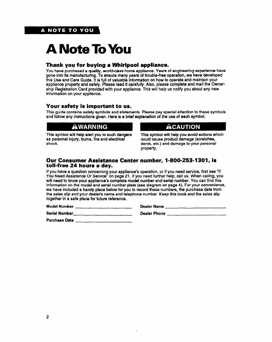 Anotetoyiu, Thank you for buying a whirlpool appliance, Your safety is important to us | A note to you | Whirlpool LMR4232A User Manual | Page 2 / 24