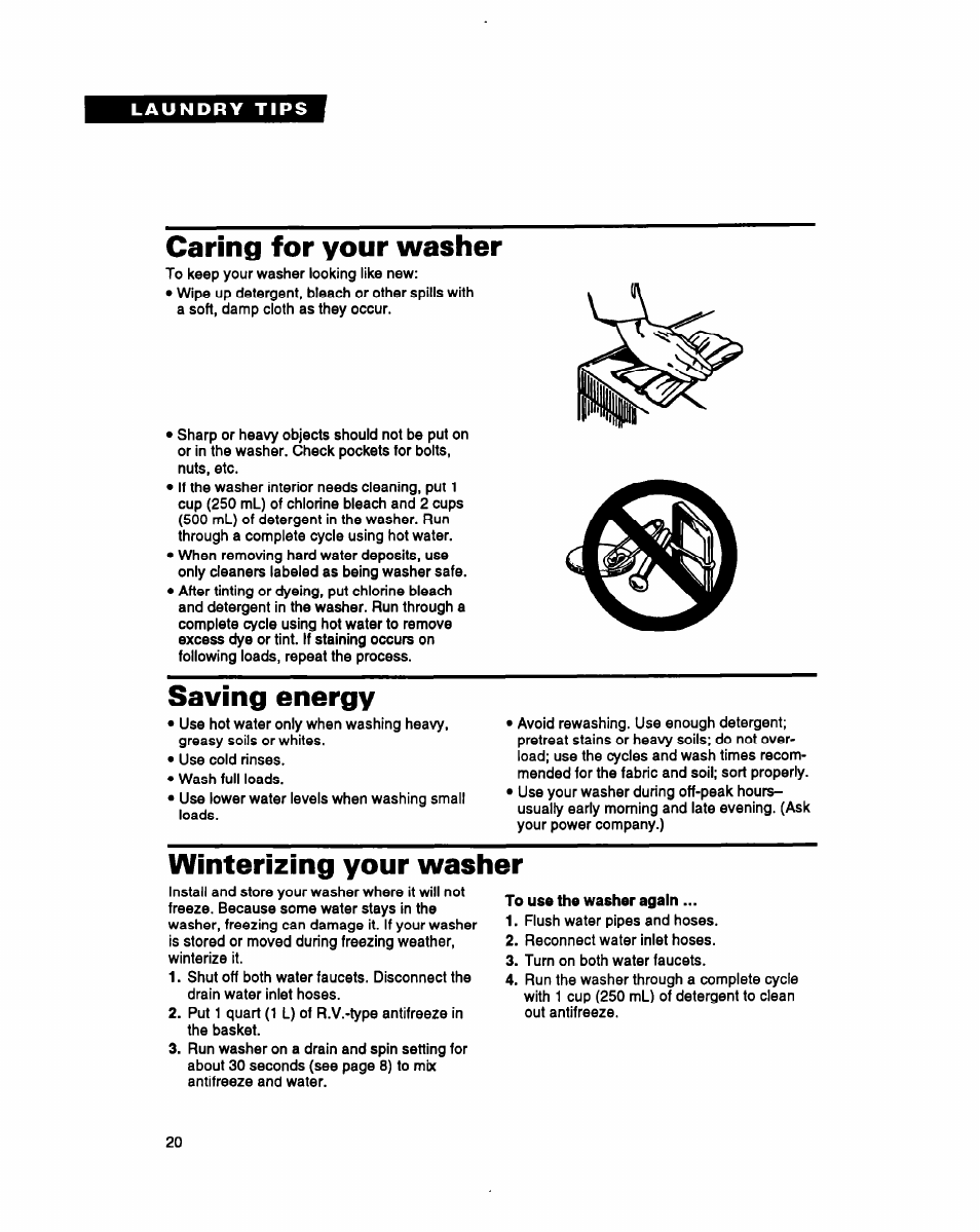 Caring for your washer, Saving energy, Winterizing your washer | Whirlpool LMR4232A User Manual | Page 20 / 24