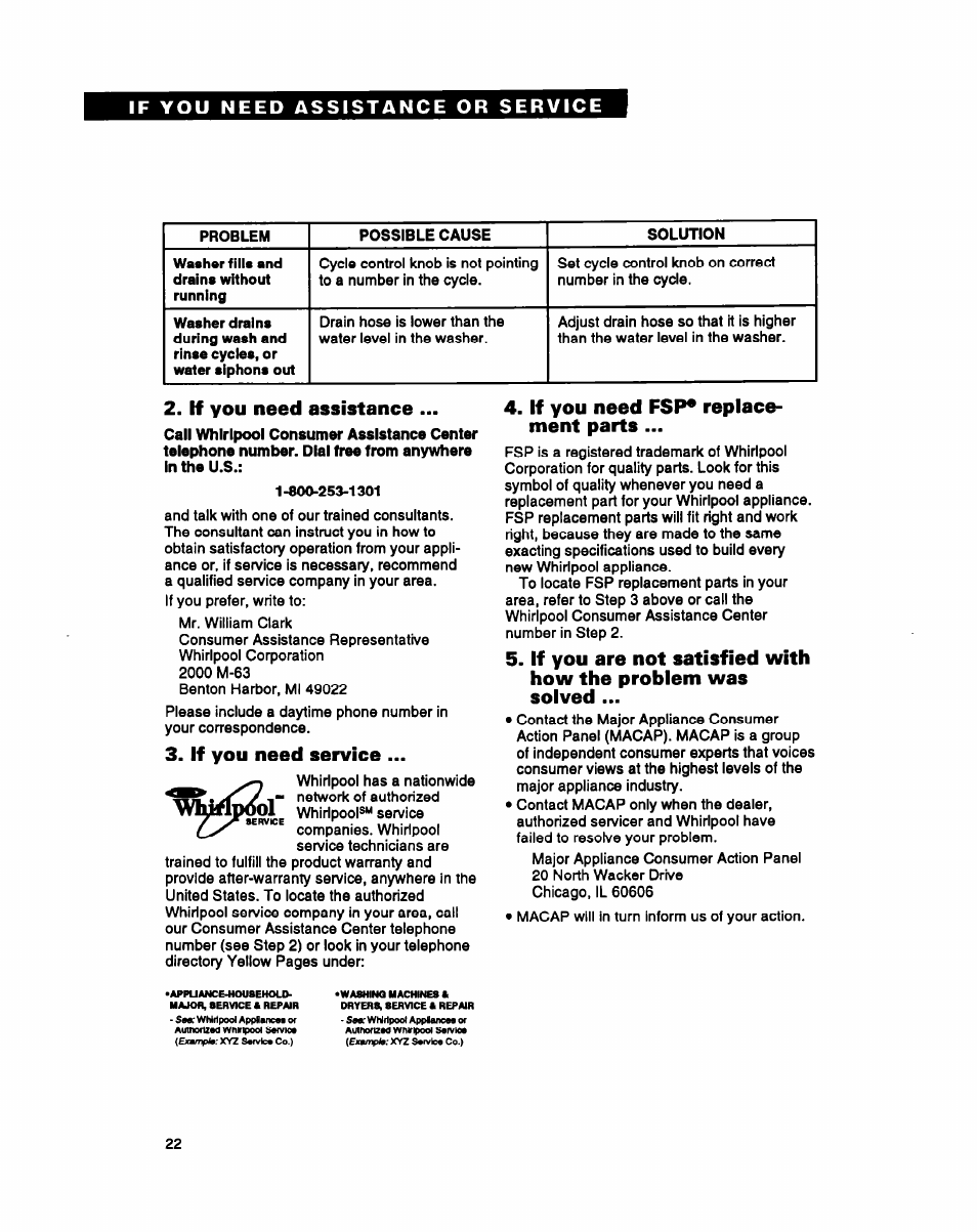 If you need assistance, If you need service, If you need fsp* replacement parts | If you need fsp* replace­ ment parts | Whirlpool LMR4232A User Manual | Page 22 / 24