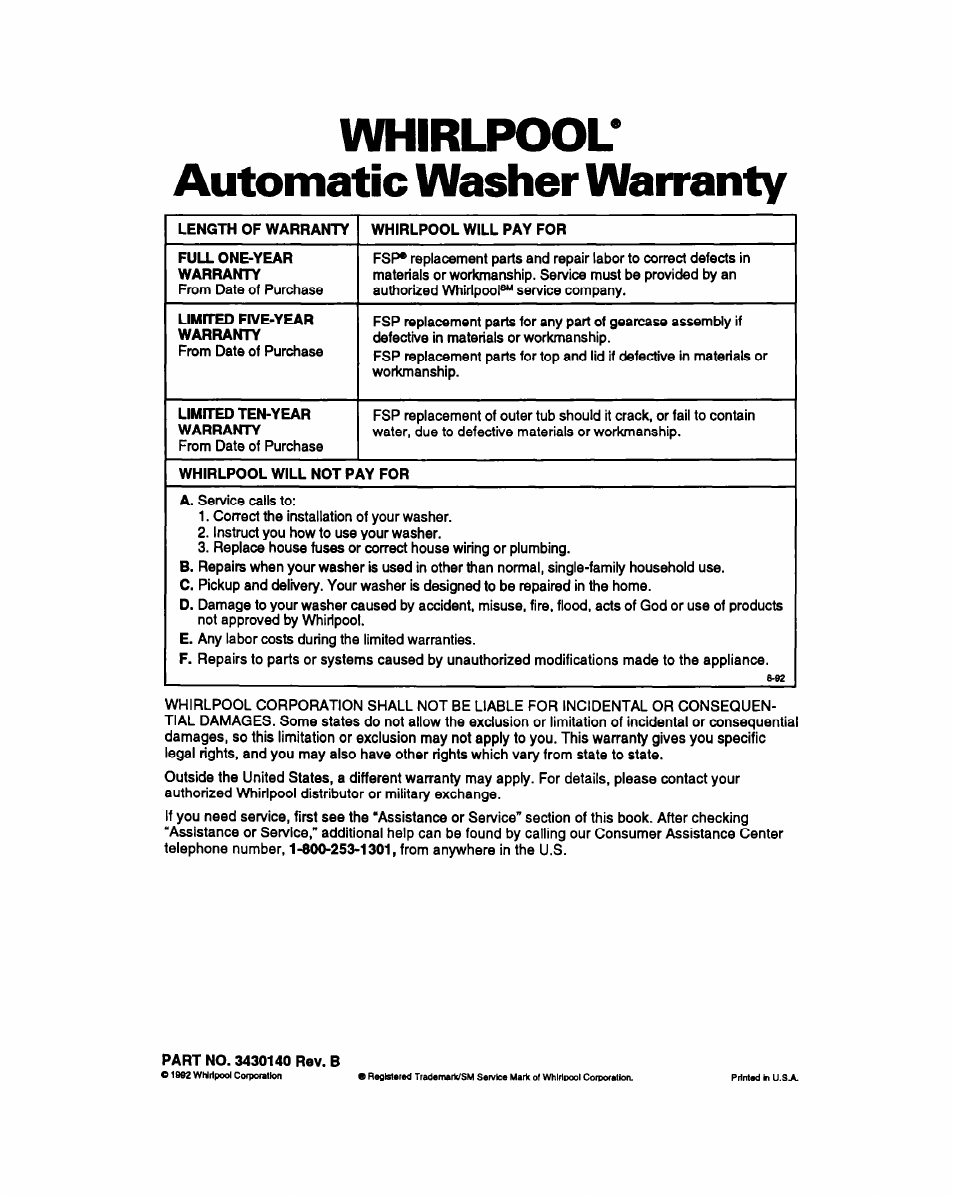 Whirlpool, Automatic washer warranty, Whirlpool* automatic washer warranty | Whirlpool LMR4232A User Manual | Page 24 / 24