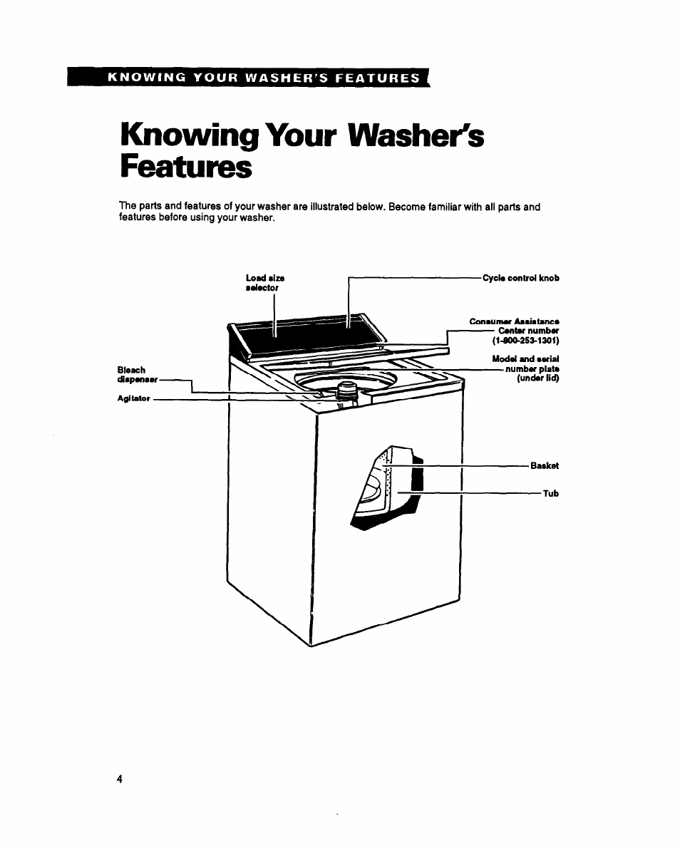 Knowing your washer's features, Knowing your, Washer's features | Whirlpool LMR4232A User Manual | Page 4 / 24