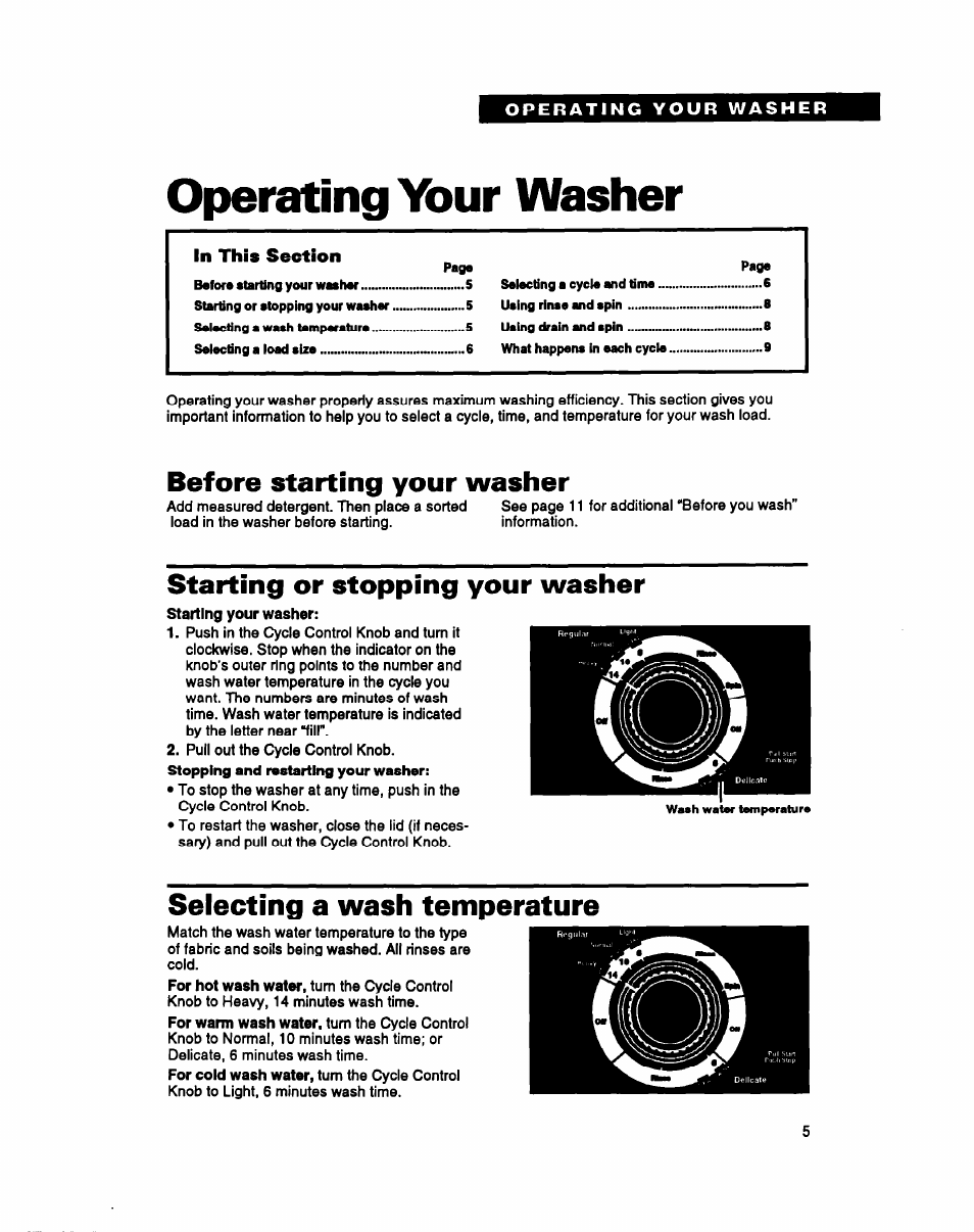 Operating your washer, Before starting your washer, Starting or stopping your washer | Selecting a wash temperature | Whirlpool LMR4232A User Manual | Page 5 / 24