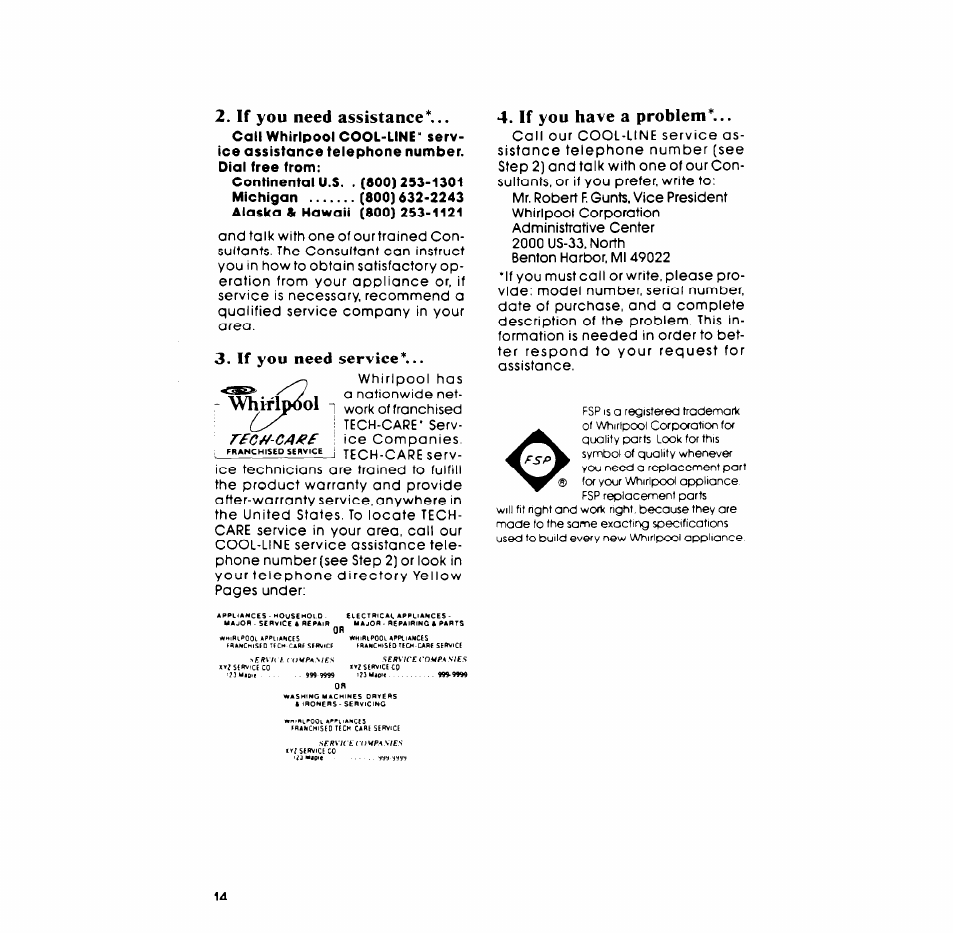 If you need assistance, If you have a problem, If you need service | Rec^-ca/^f | Whirlpool LA558oXP User Manual | Page 14 / 16