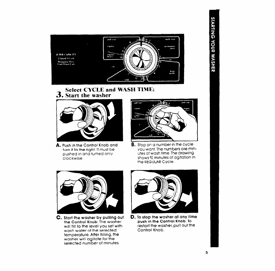 Select cycle and wash time; 3. start the washer, Select cycle and wash time, Start the washer | Whirlpool LA558oXP User Manual | Page 5 / 16