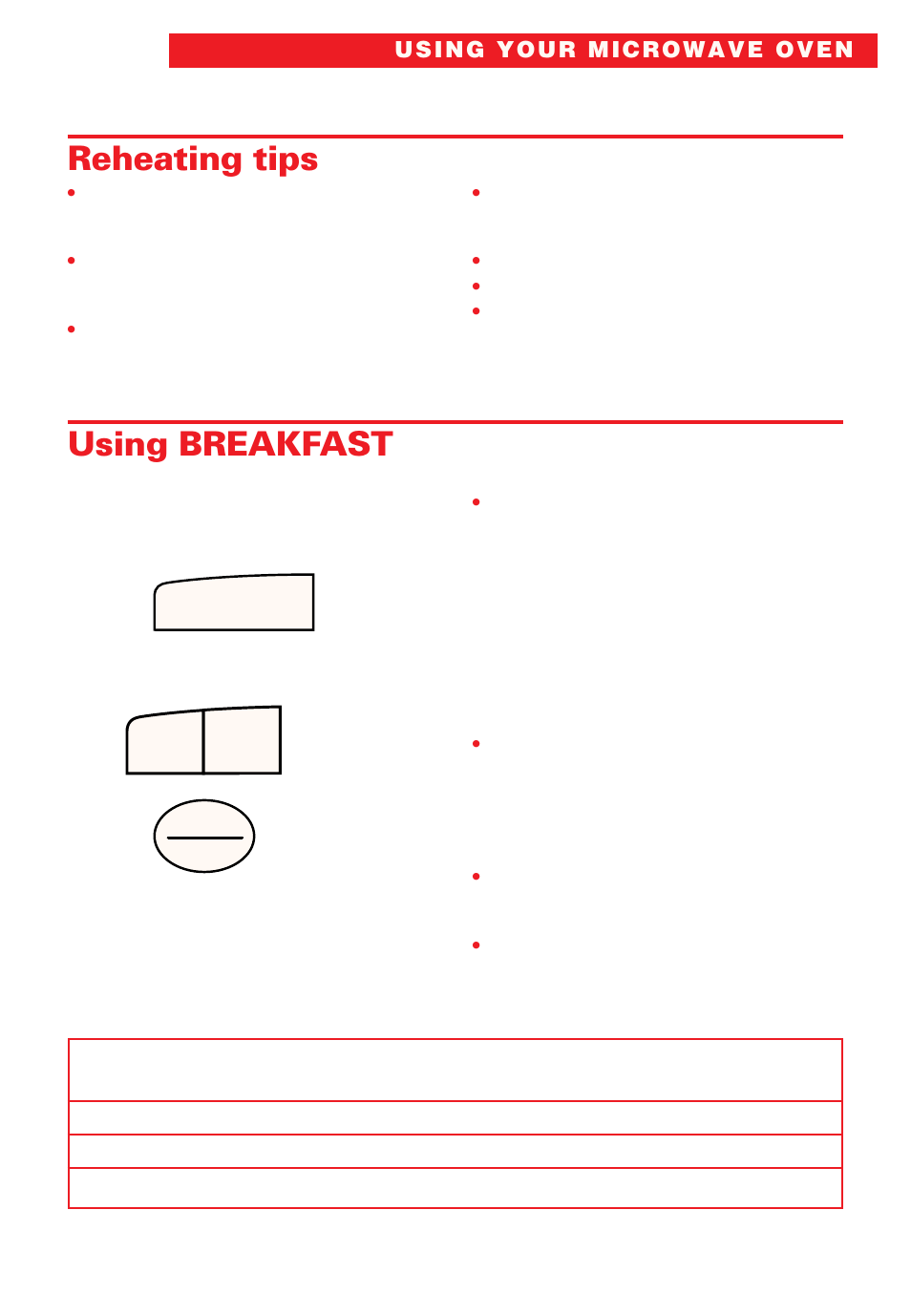 Reheating tips, Using breakfast | Whirlpool YMT8066SE User Manual | Page 33 / 48