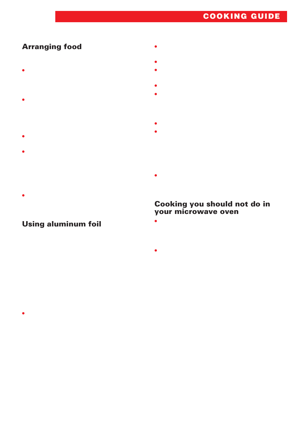 Arranging food, Using aluminum foil, Cooking you should not do in your microwave oven | Whirlpool YMT8066SE User Manual | Page 37 / 48