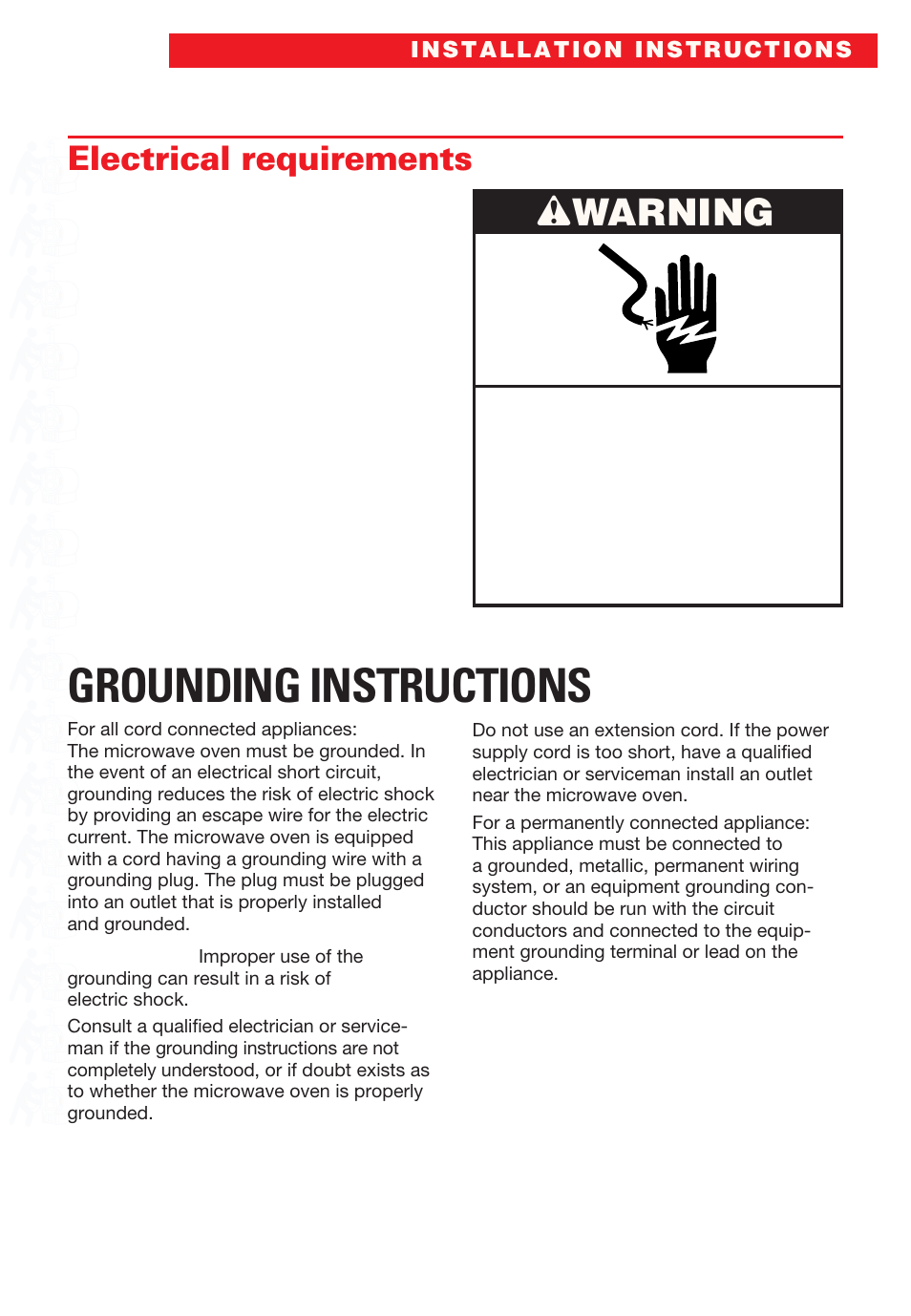 Grounding instructions, Wwarning, Electrical requirements | Whirlpool YMT8066SE User Manual | Page 7 / 48