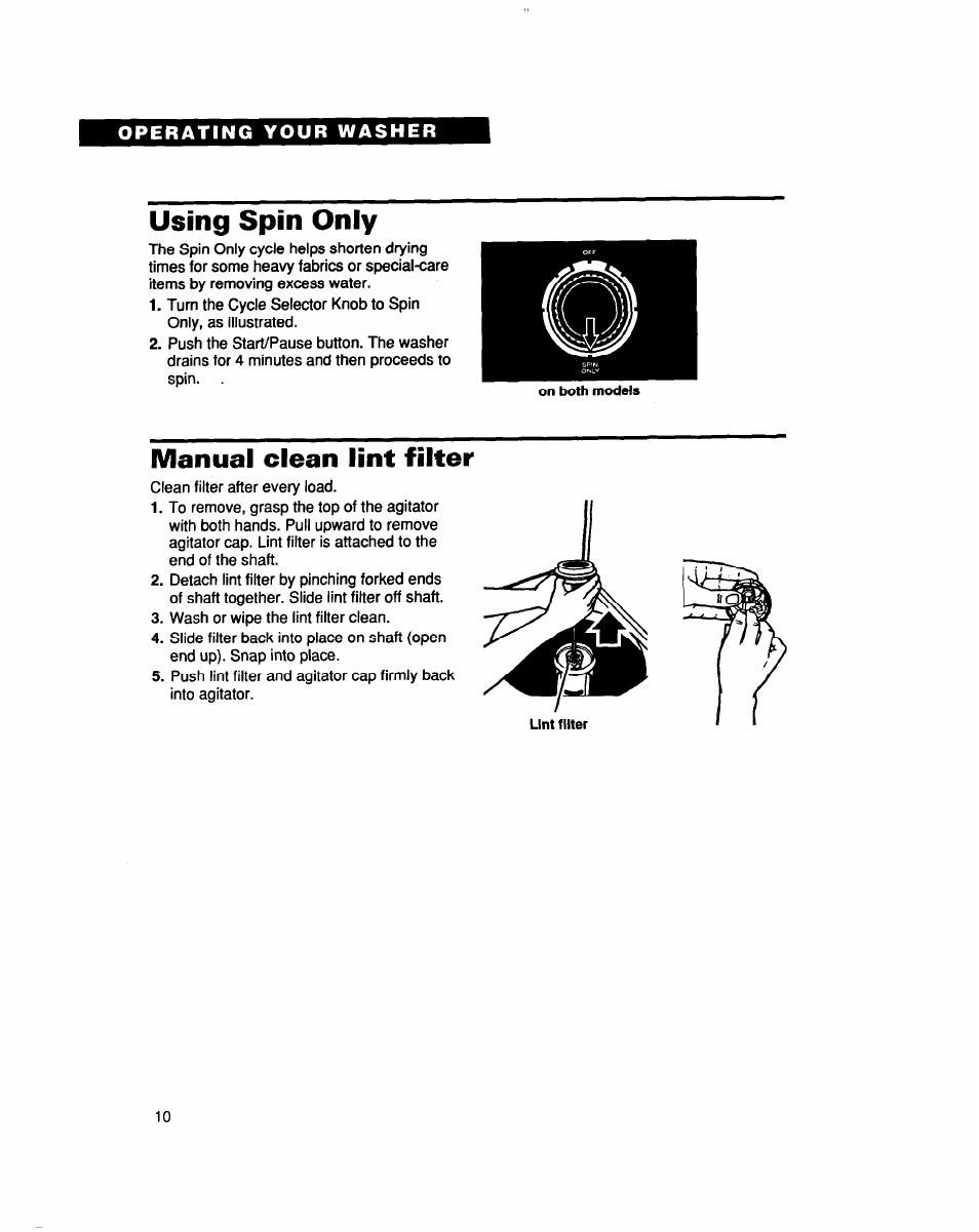 Using spin only, Manual clean lint filter | Whirlpool LCR5232DQ0 User Manual | Page 10 / 24