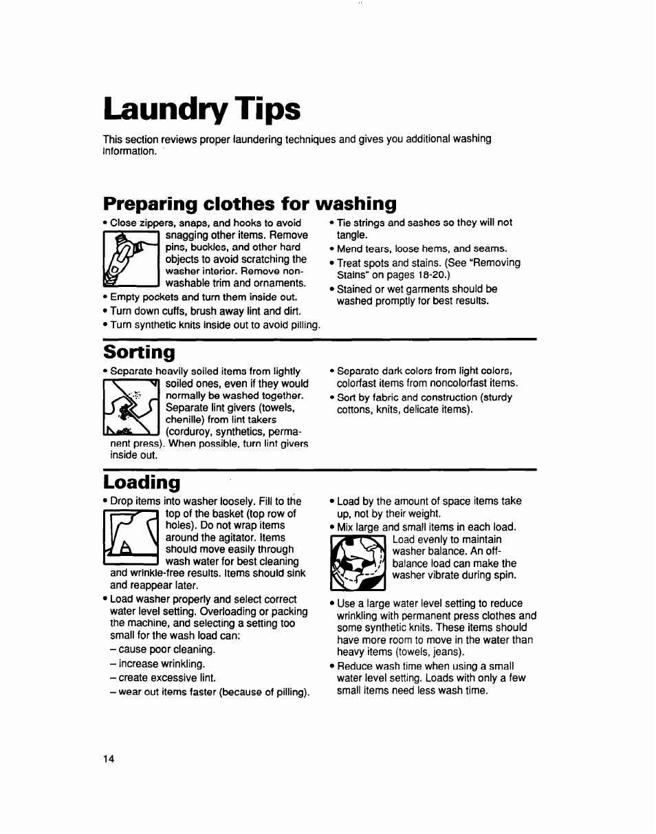 Laundry tips, Preparing clothes for washing, Sorting | Loading | Whirlpool LCR5232DQ0 User Manual | Page 14 / 24