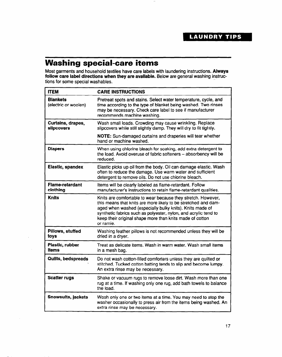 Washing special-care items | Whirlpool LCR5232DQ0 User Manual | Page 17 / 24