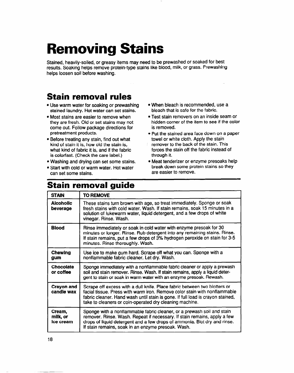 Removing stains, Stain removal rules, Stain removal guide | Whirlpool LCR5232DQ0 User Manual | Page 18 / 24