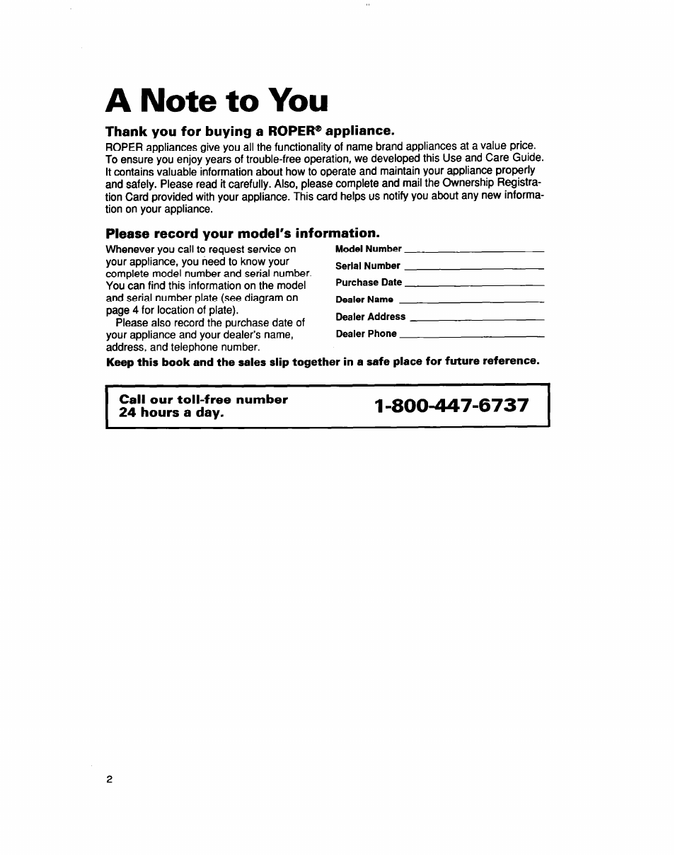 A note to you, Thank you for buying a roper® appliance, Please record your model's information | Call our toll-free number 24 hours a day | Whirlpool LCR5232DQ0 User Manual | Page 2 / 24