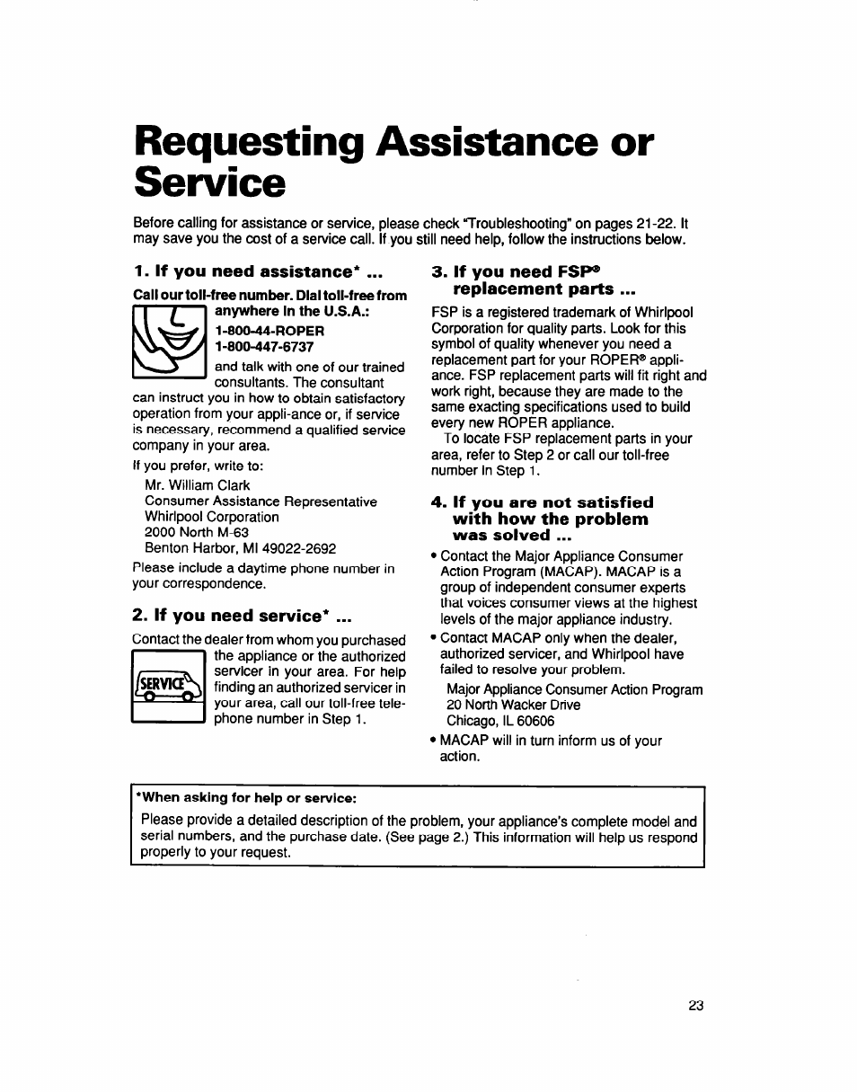 Requesting assistance or service, If you need assistance, If you need service | If you need fsp® replacement parts, When asking for help or service | Whirlpool LCR5232DQ0 User Manual | Page 23 / 24